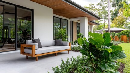 Fototapeta premium Stylish Courtyard Garden with Outdoor Seating and Lush Greenery Providing a Tranquil Sanctuary for Relaxation and Rejuvenation in a Modern Residential Setting