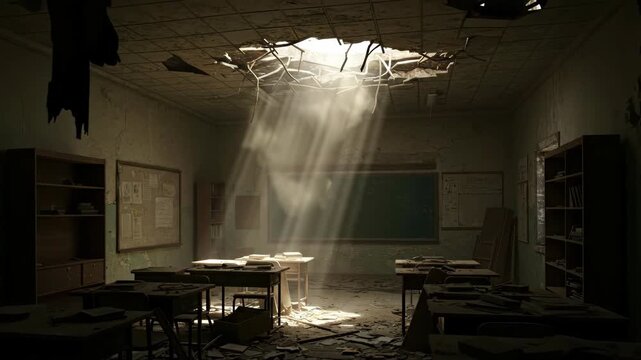 Dilapidated classroom with light rays through a damaged ceiling, showing destruction and abandonment in a conflict zone, footage