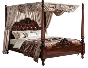 Antique Luxury Four-Poster Bed with Draped Curtains and Ornate Carved Headboard isolated on transparent background PNG