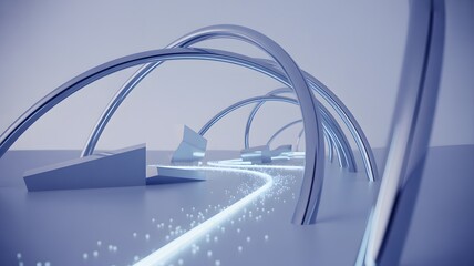 Abstract futuristic architectural pathway with glowing light streaks and sleek metallic arches in a minimalist blue environment