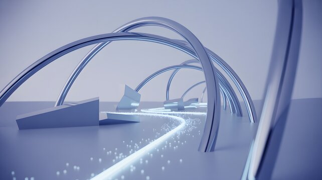 Abstract futuristic architectural pathway with glowing light streaks and sleek metallic arches in a minimalist blue environment