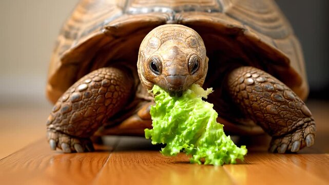 A tortoise enjoys a mouthful of lettuce, and the tortoise crunches the fresh lettuce with focus. The tortoise sits on a wooden floor, and the wooden floor frames the tortoise.