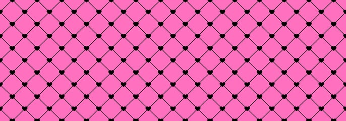 Rebellious Emo pop punk seamless vector pattern with black hearts on pink fishnet grid. Alternative...