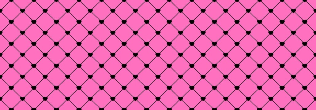 Rebellious Emo pop punk seamless vector pattern with black hearts on pink fishnet grid. Alternative aesthetic background for textile or fashion.