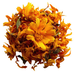 Dried Marigold Petals: A vibrant heap of sun-kissed marigold petals, artfully arranged, promising a sensory experience with their warm hues and subtle texture.