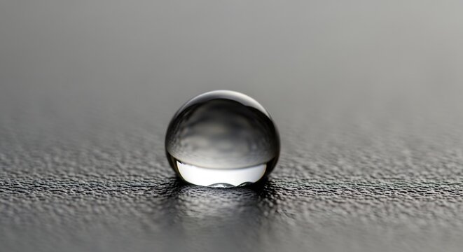 Macro shot of a single water droplet on a textured surface showing reflection and refraction