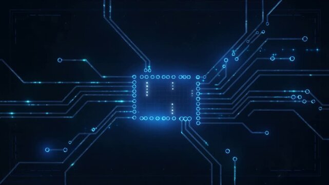 Close-up of a glowing blue circuit board with sparkling light effects on a dark background motherboard.