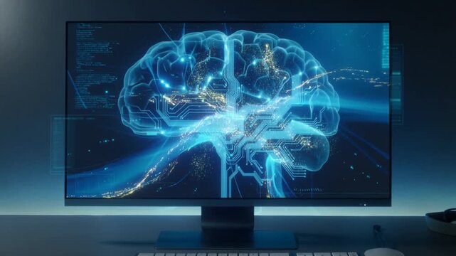 Digital brain with circuit board patterns and glowing data streams displayed on a computer monitor technology. - Powered by Adobe