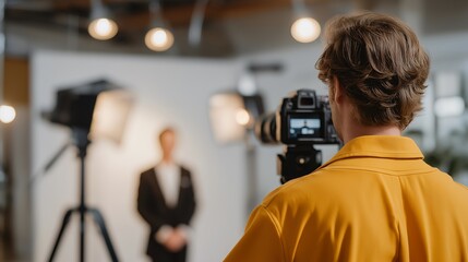 Photographer positions lights and adjusts equipment while assistants coordinate backdrops and subjects prepare, symbolizing behind the scenes creativity, technical setup, and teamwork shaping