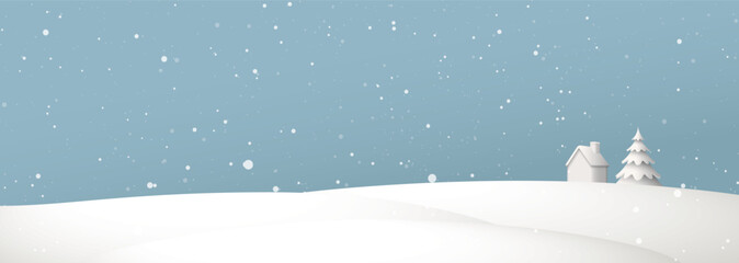 Minimalist countryside landscape at night with cottage and pine tree covered by snow graphic illustration have blank space. © Wasitt