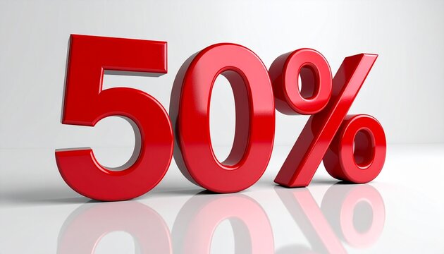 Bold Red 50 Discount Sign on Reflective Surface.