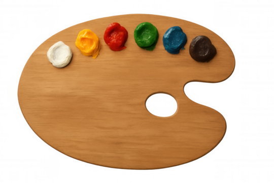 Wooden artist palette with colorful oil paint blobs, representing creativity and artistic expression