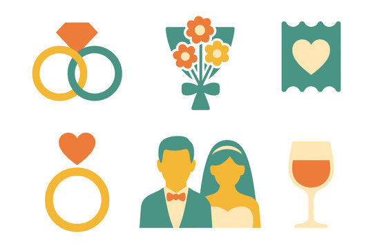 Wedding and marriage celebration icons , rings, bouquet, invitation, couple, wine
