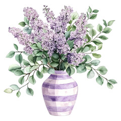 Elegant Watercolor Lilac Bouquet in Striped Vase Clipart
