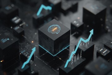 Isometric digital art of a crystal-clear cube containing a glowing brain icon linked to floating financial data screens and ascending arrows, dark background, neon-blue accents, ultra-detailed