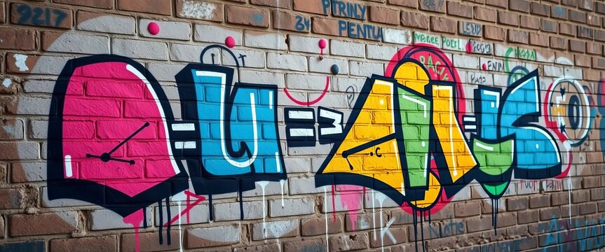 Graffiti art incorporating mathematical equations and geometric shapes on a brick wall, artwork, contemporary