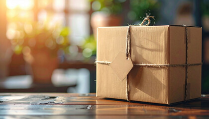 Cardboard box tied with twine sits on wooden table, bathed in warm sunlight, creating cozy atmosphere