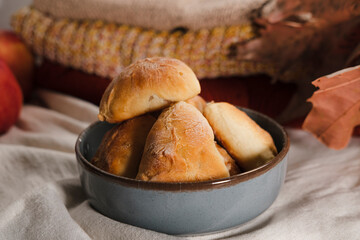 autumn seasonal baking, apple pie pastries, traditional ukrainian bakery, cozy atmosphere with apples, cinnamon sticks, white linen textile, warm tones knitwear