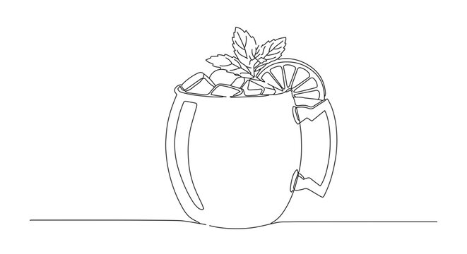 Moscow mule cocktail continuous line art with mint and lime for restaurant menus, bar websites, cocktail recipe blogs and social media content