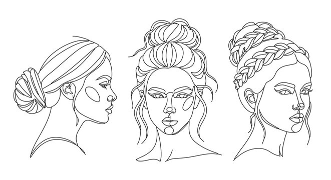 Three female profiles with buns for beauty branding, feminine art, beauty blogs, salon websites, and hair styling tutorials
