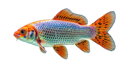 A vibrant orange and blue patterned fish with detailed scales swimming gracefully isolated on transparent background