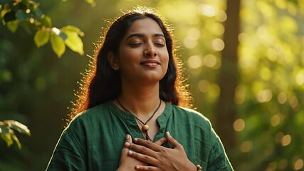 A serene young Indian woman practicing mindfulness and gratitude with her eyes closed and hands on her heart in a beautiful, sunlit forest.