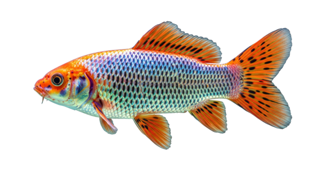 A vibrant orange and blue patterned fish with detailed scales swimming gracefully isolated on transparent background
