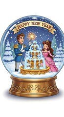 Happy new year snow globe with cartoon couple isolated on white background