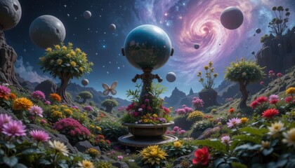 Utopia Garden Landscape with Floating Globes and Galactic Sky