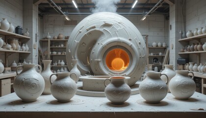 Futuristic Pottery Studio with Unique Kiln and Elaborately Carved Vases