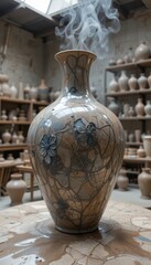 Smoldering Ceramic Vase with Intricate Glaze and Floral Relief Patterns