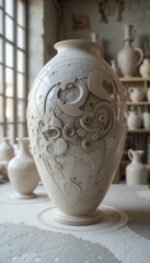 White Ceramic Vase with Intricate Sci-Fi Geometric Relief Carvings