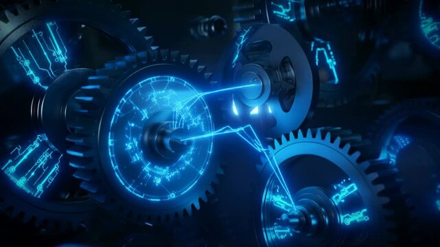 Interlocking metallic gears with glowing blue circuit patterns and light beams cogs mechanical.
