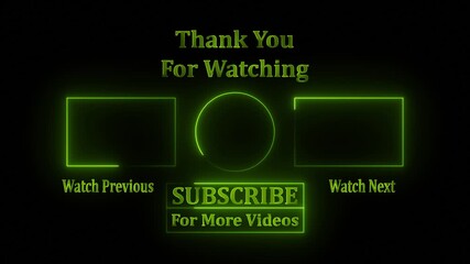 Neon glowing "Thank you for watching" the outro animation. Neon text, neon green frame, closing and video choices to watch previous and next or suggestion. 4k video
