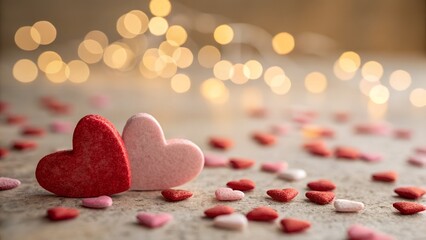Two heart shapes with bokeh lights and scattered confetti