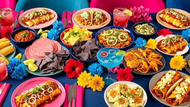 Vibrant Mexican Fiesta Table Setting with Colorful Dishes and Drinks