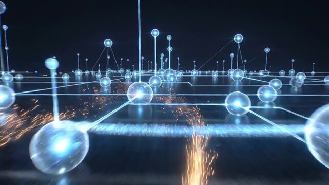 Transparent glowing sphere with sparks and digital grid in dark futuristic environment abstract background.