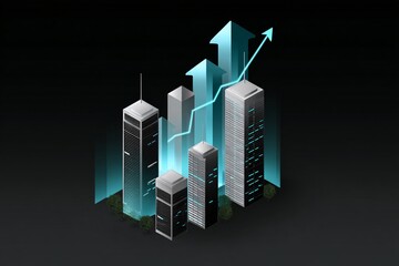 Isometric digital city built from glowing bar charts and data cubes; ascending arrows serve as skyscrapers, sleek black background with neon-blue highlights, futuristic minimal composition