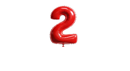 Red balloon shaped like the number two floats against a stark isolated background.