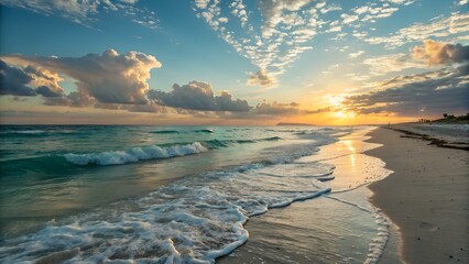 Sunset over a tropical beach with turquoise water and soft clouds