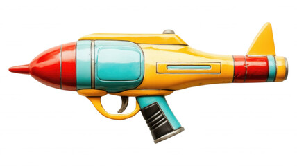 A colorful toy ray gun with red, yellow and blue details
