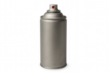 Silver spray can with red nozzle, standing isolated, used for graffiti, painting, and creative art projects on transparent background
