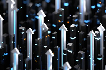Isometric digital city built from glowing bar charts and data cubes; ascending arrows serve as skyscrapers, sleek black background with neon-blue highlights, futuristic minimal composition