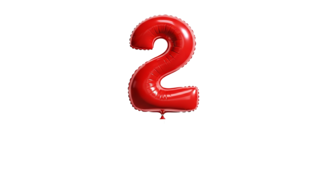 Red balloon shaped like the number two floats against a stark isolated background.