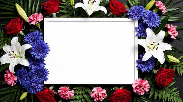 A beautiful floral flat lay with a blank white square card mockup, framed by red roses, white lilies, and blue chrysanthemums on a dark background.