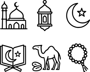 Black and white minimalist vector icons of Ramadan and Islamic culture including mosque, lantern, crescent moon, and Quran, clean elegant line art.