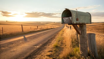 Weathered mailbox on a remote country road at dusk