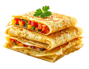 Stack of Golden Crepes with Colorful Vegetable Filling on White Plate isolated on transparent background PNG