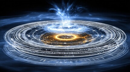 Surreal scene of a circuit-board planet where continents are spinning pie charts; vibrant electric colors, a holographic stock arrow orbits the planet, futuristic space background