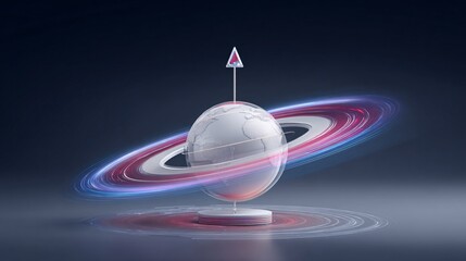 Surreal scene of a circuit-board planet where continents are spinning pie charts; vibrant electric colors, a holographic stock arrow orbits the planet, futuristic space background